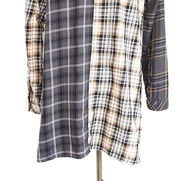 J.Jill Long Multi Plaid Button Down Blouse Tan Black White Size Medium Petite - Picture 8 of 14